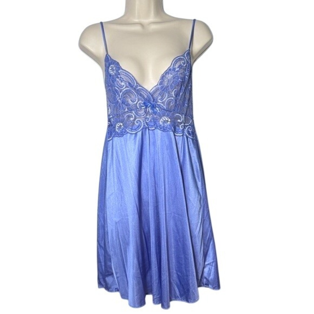 Petra Fashions Women's Blue Nylon Lace Trim Babydoll Nightgown Made in‎ USA M